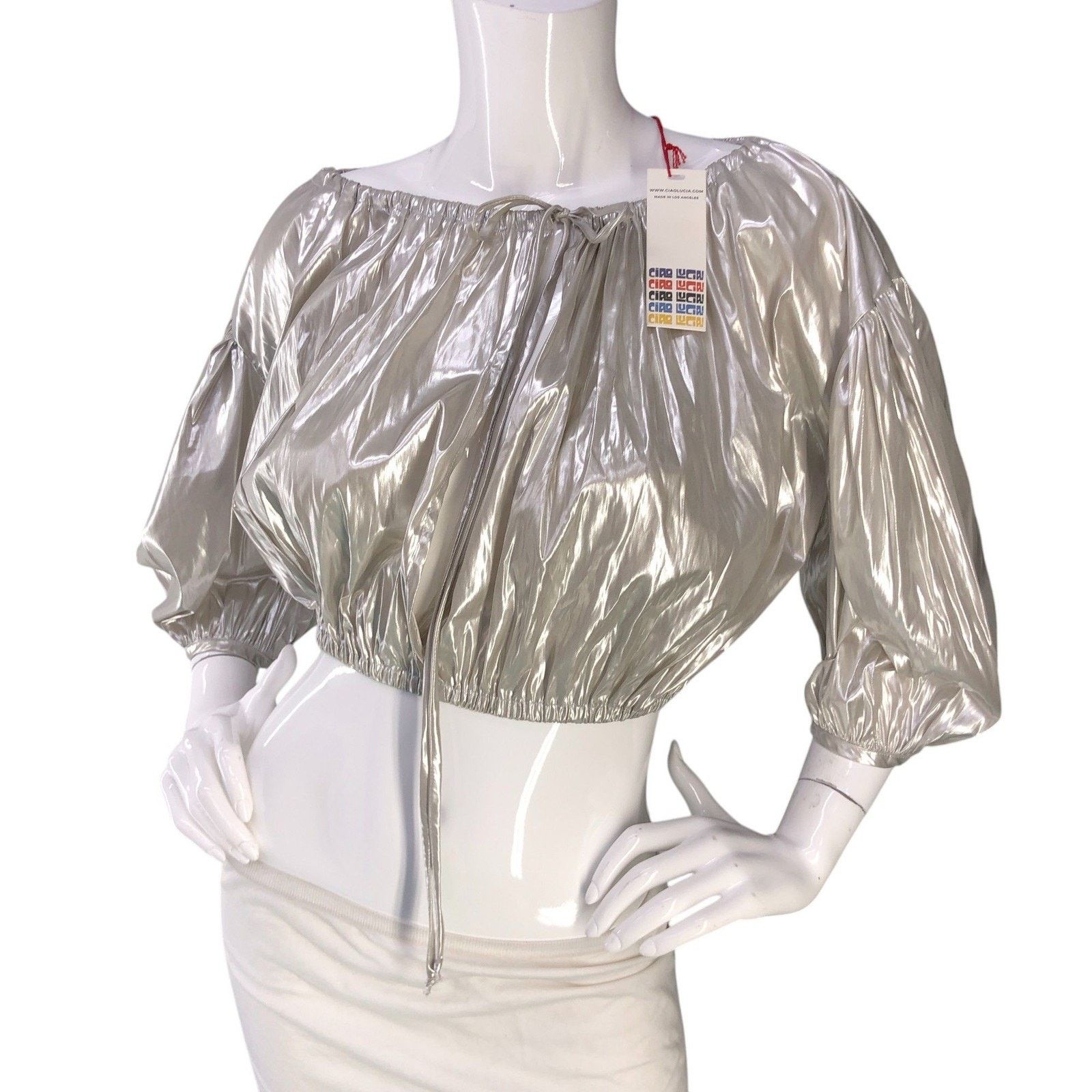 Ciao Lucia Ciao Lucia Top XS Octavia Foiled Satin Cropped Puff Sleeve Size XS / US 0-2 / IT 36-38 - 1 Thumbnail