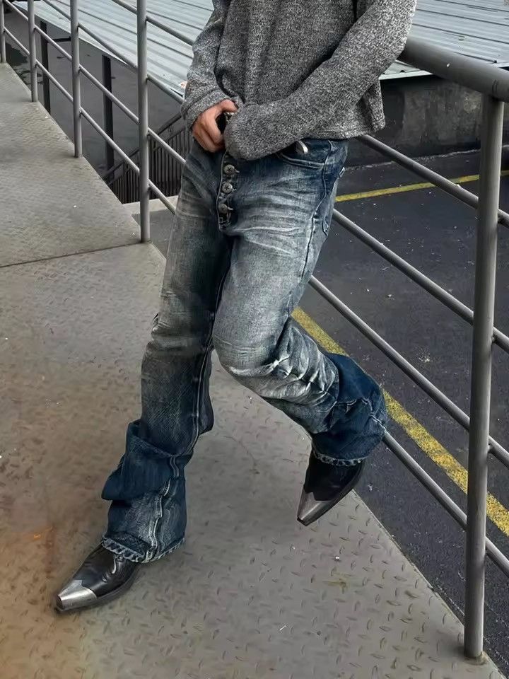 Distressed Denim Flared Jeans with Button Detail Unique