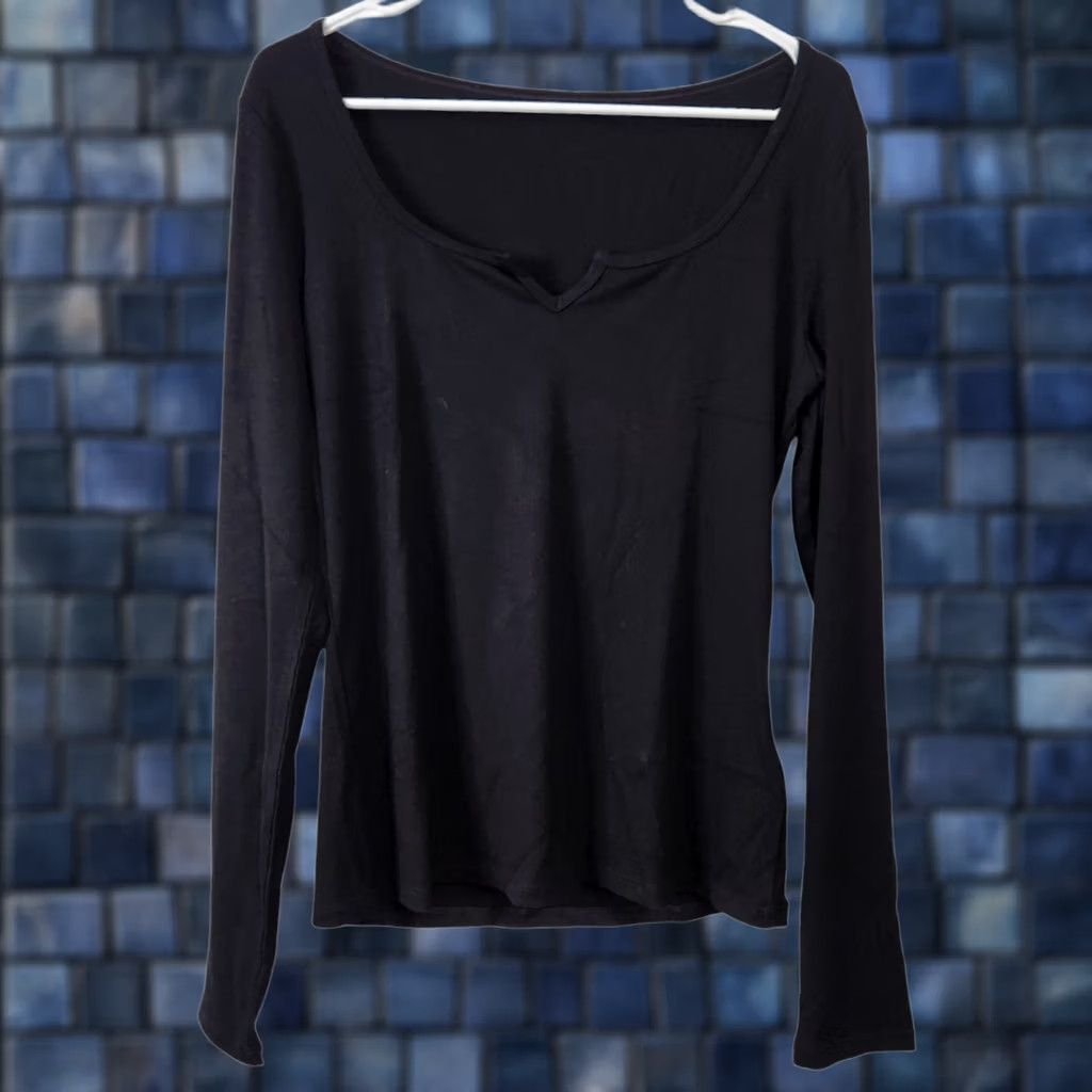 Vintage Halara Womens Long Sleeve Scoop Neck Ribbed Top Black L Blouse Shirt Stretch Viscose Elastane Size L / US 10 / IT 46 - 1 Thumbnail