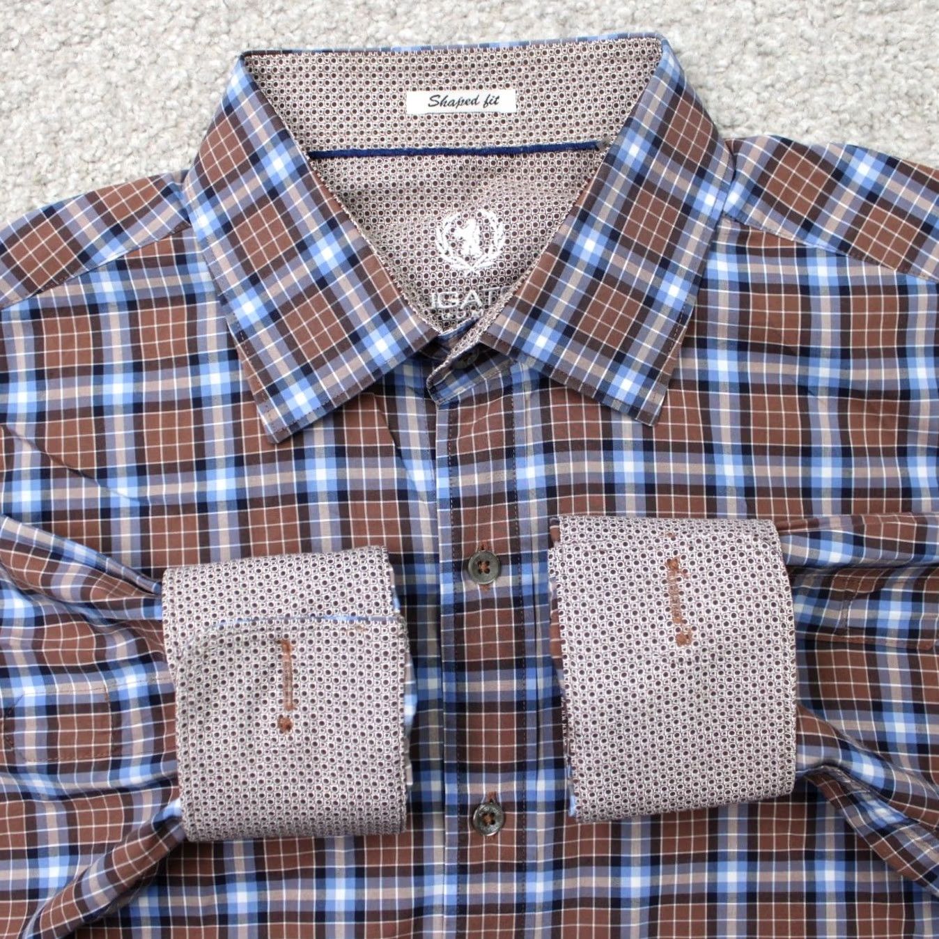 BUGATCHI Bugatchi Uomo Shirt Men Large Brown/Blue Shaped Fit Button-Up Long Sleeve Cotton Plaid Collar Spread Size US L / EU 52-54 / 3 - 2 Thumbnail