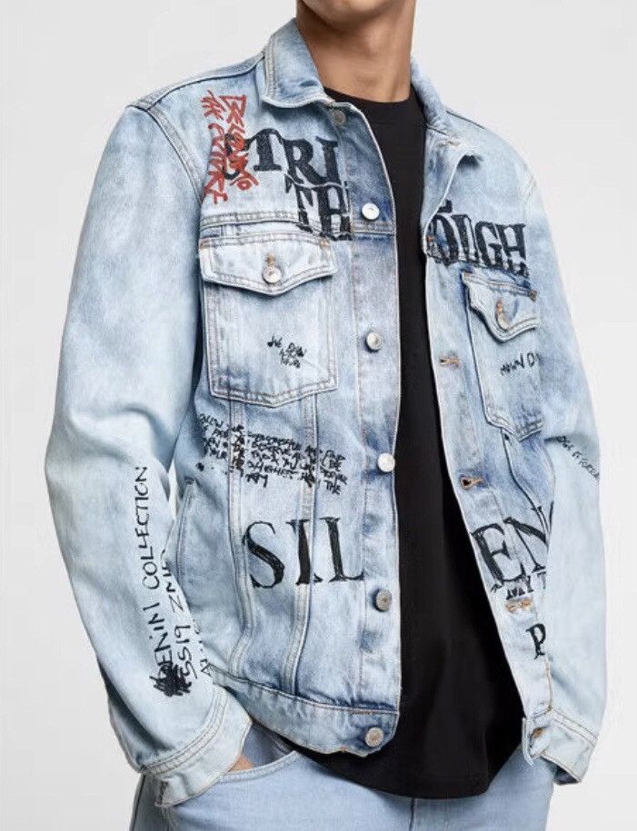 Zara Zara Men’s Graffiti Acid Wash Denim Trucker Jacket Size US M / EU 48-50 / 2 - 6 Thumbnail
