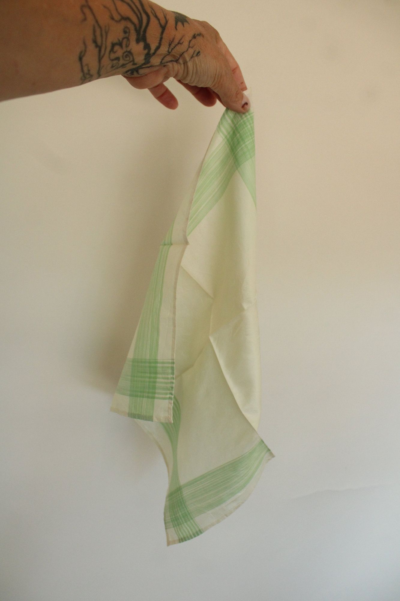 Vintage Vintage 1950s Handkerchief, Cream with Green Striped Border Size ONE SIZE - 9 Thumbnail