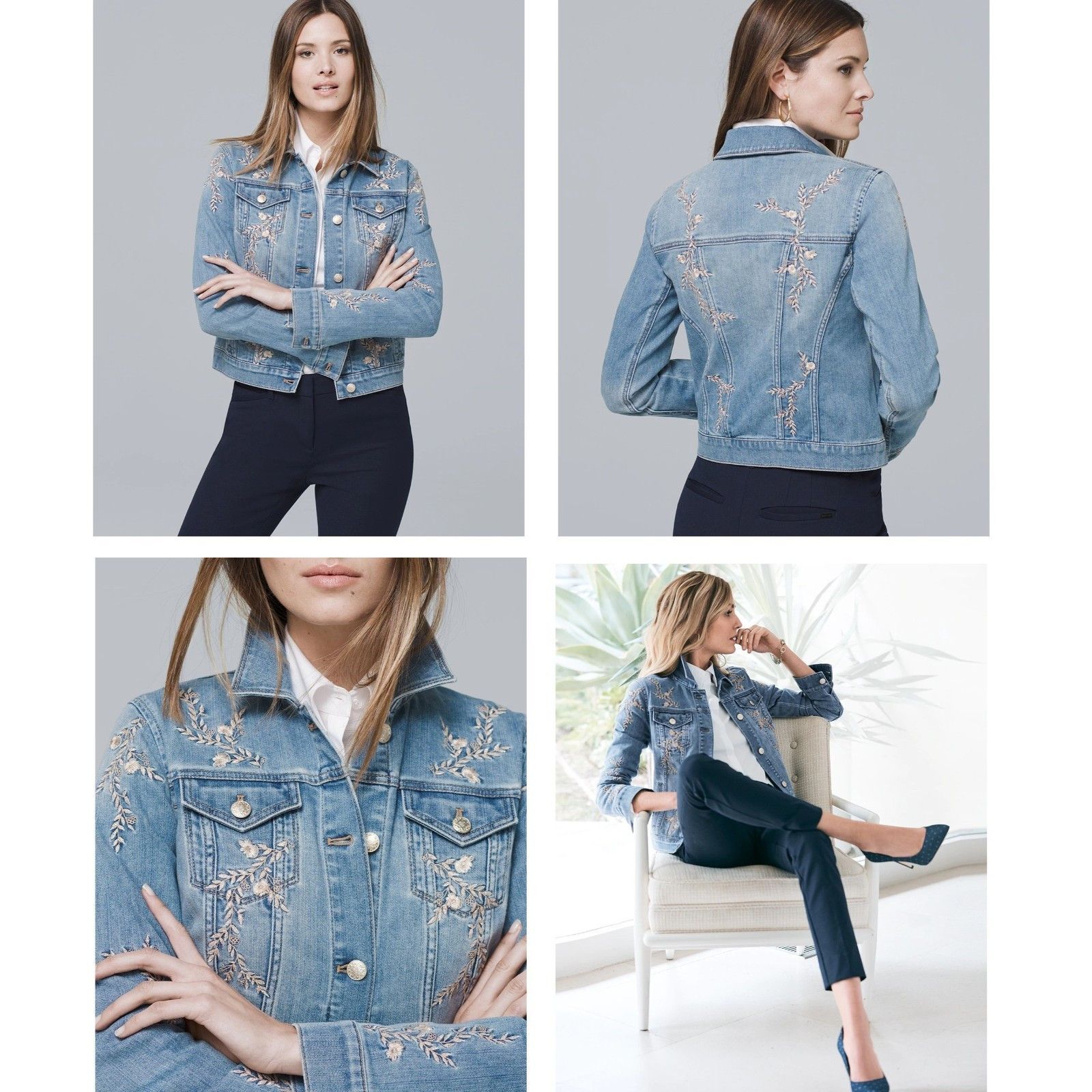 White House Black Market Embroidered Blue Denim Jean Jacket in size M Size M / US 6-8 / IT 42-44 - 1 Thumbnail