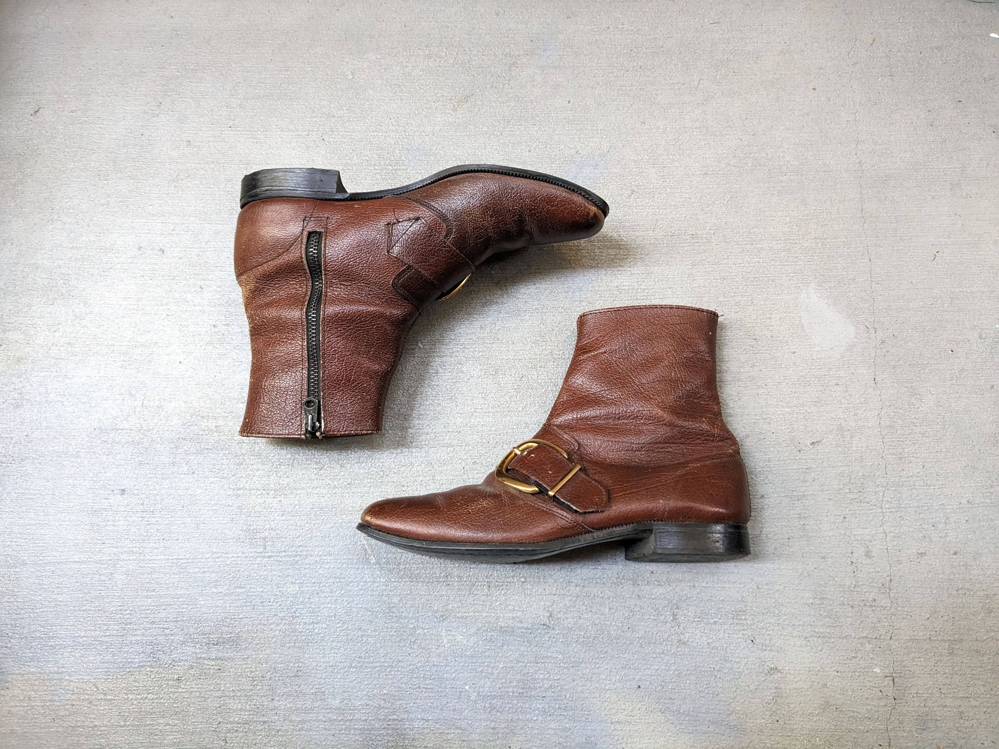 Genuine Leather Vintage Leather Side Zip Boots Brown 8.5 Buckle Botas Size US 8.5 / EU 41-42 - 1 Thumbnail