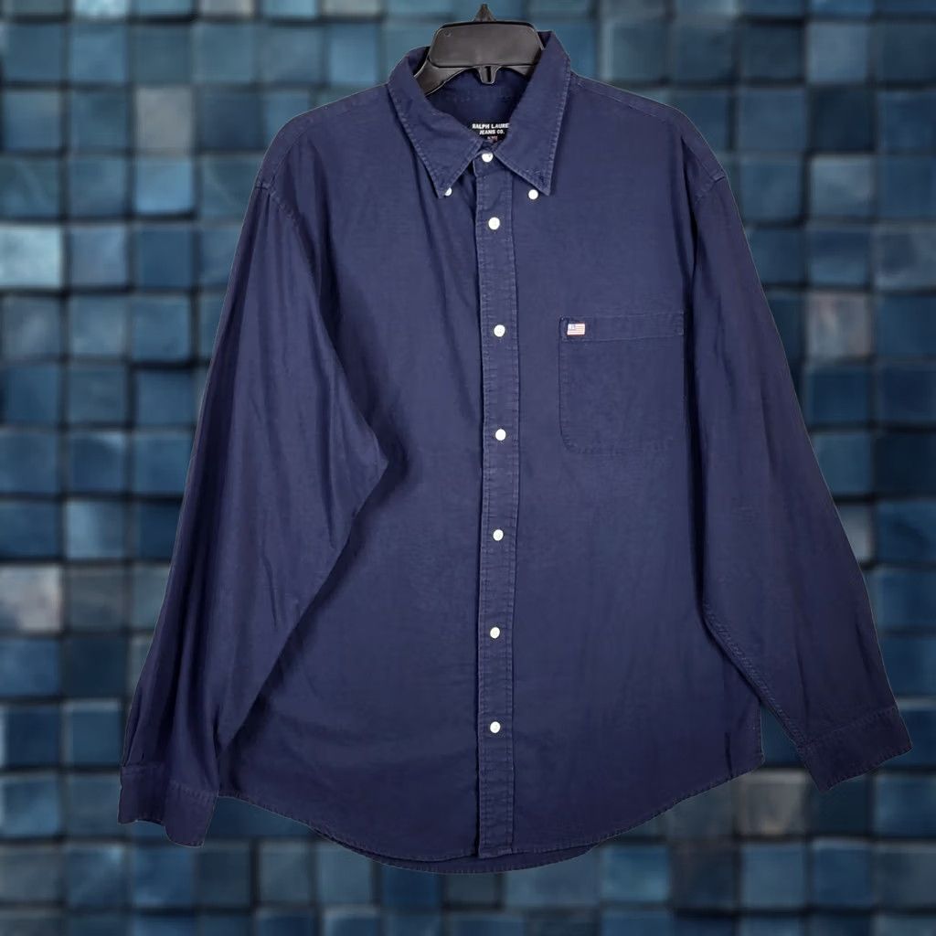 Ralph Lauren RALPH LAUREN JEANS CO. Men’s navy blue cotton button up shirt L/G Size L Casual Classic Button-Down Collar Mens Regular Fit Knit Blue Size US L / EU 52-54 / 3 - 1 Thumbnail