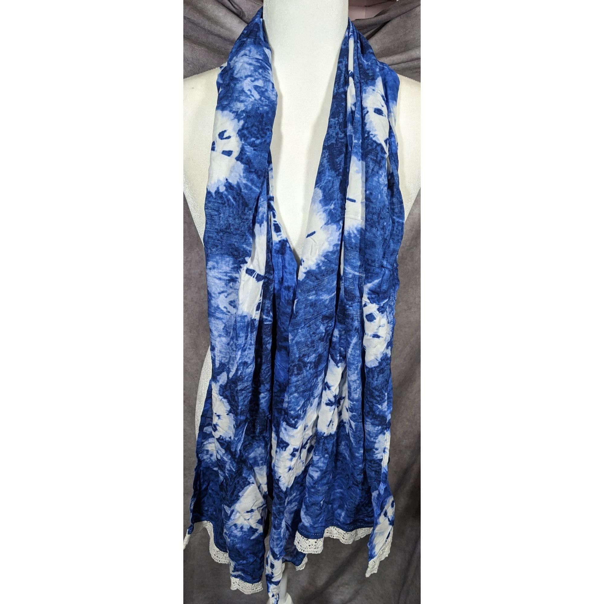 Other Bohemian Floral Blue And White Tie Dye Scarf With Lace Trim Size ONE SIZE - 6 Thumbnail