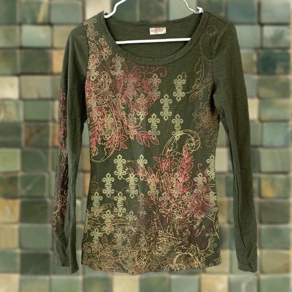 Vintage VINTAGE Daytrip Shirt Long Sleeve Graphic Em0 Floral Paisley Boho Green Pink Gold L Womens Size L Size L / US 10 / IT 46 - 1 Thumbnail