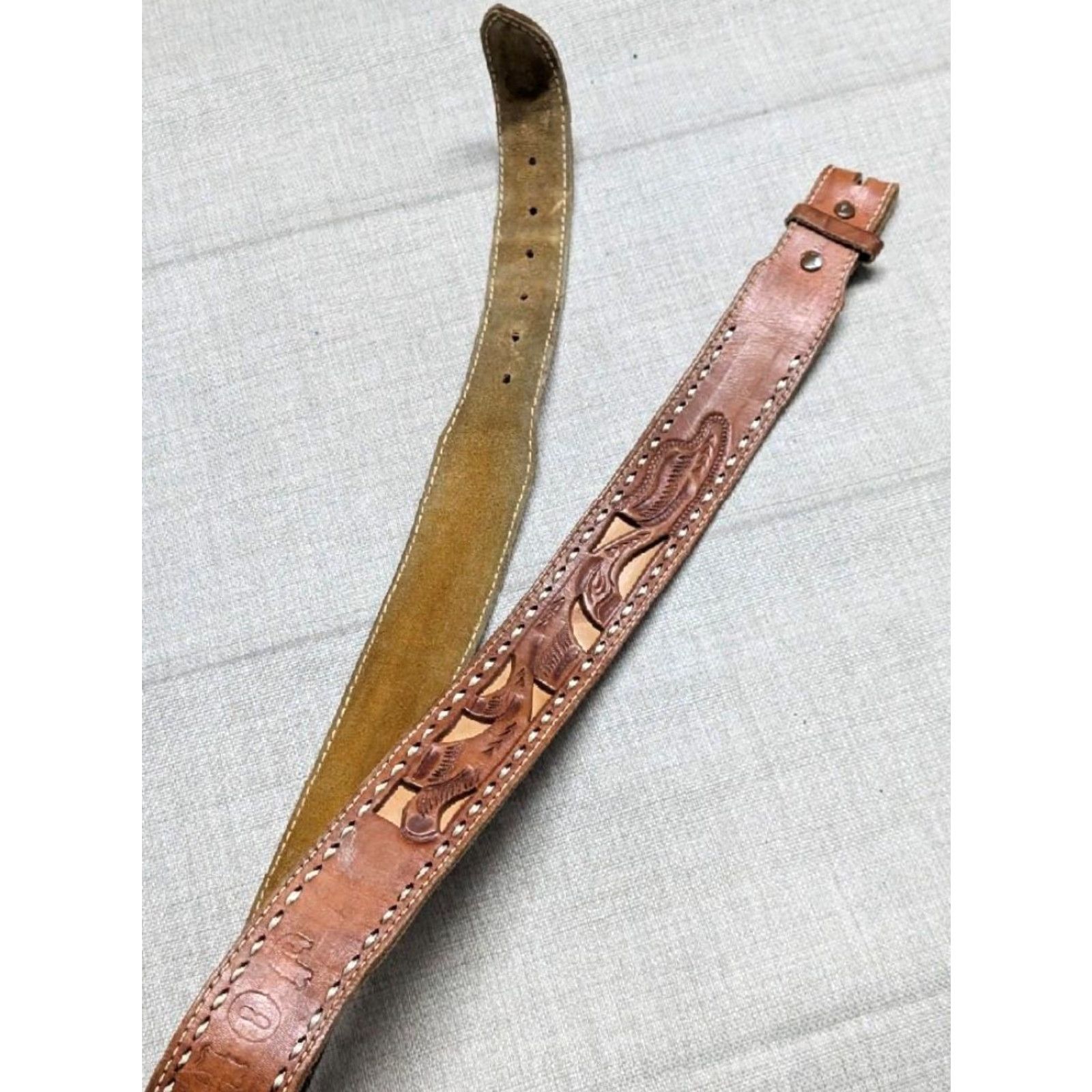 Vintage VINTAGE JOHN belt WESTERN belt Adult Men 42 Brown leather tooled buckle 1-7/8" Western Mens Size 42 - 7 Thumbnail