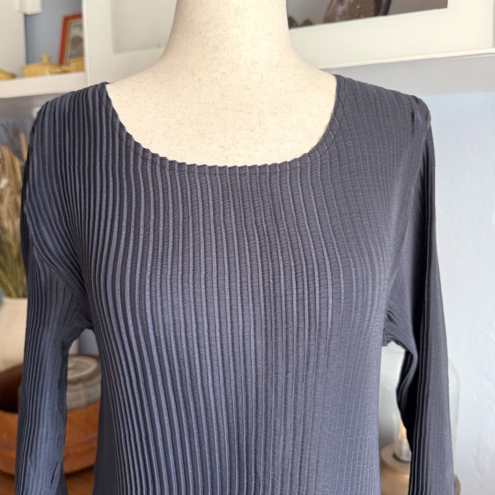 Vintage KI Meng Pleated Pleats Midi Maxi Dress Crinkle Gray/Blue Lagenlook Art O/S Lagenlook Art Size ONE SIZE - 5 Thumbnail