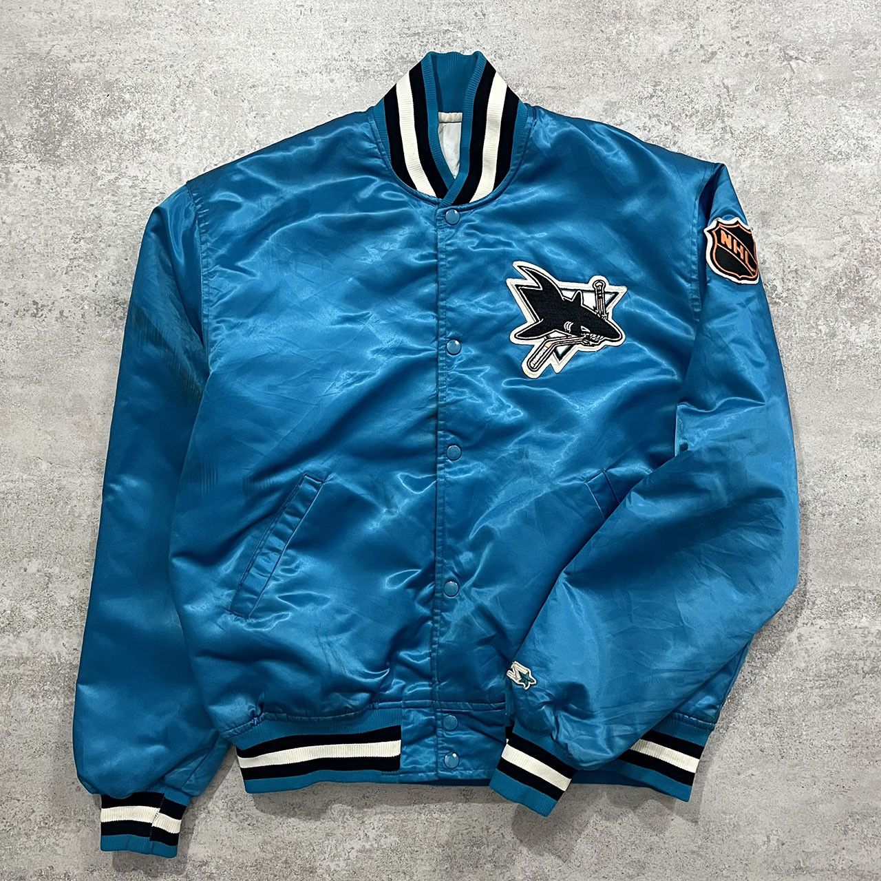 Image of VTG 90's Nhl San Jose Sharks Starter Satin Bomber Jacket in Blue, Men's (Size Large)