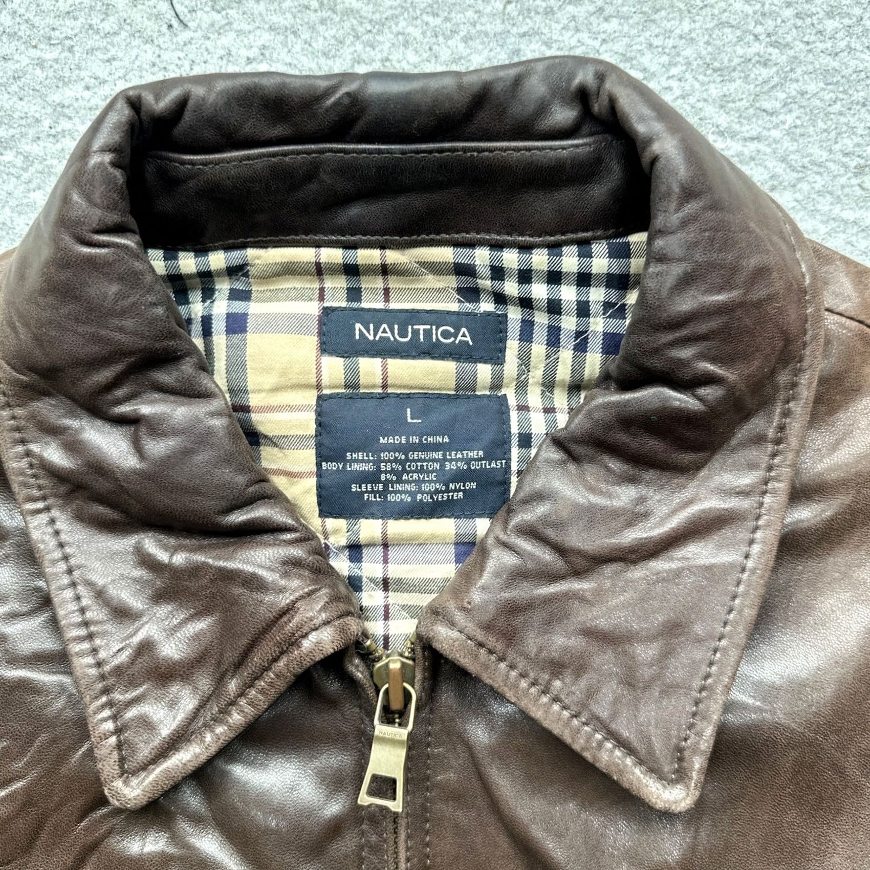 Nautica Nautica Leather Full Zip Lined Jacket Mens Large Brown Smartfabric Quilted Plaid Bomber Size US L / EU 52-54 / 3 - 3 Thumbnail