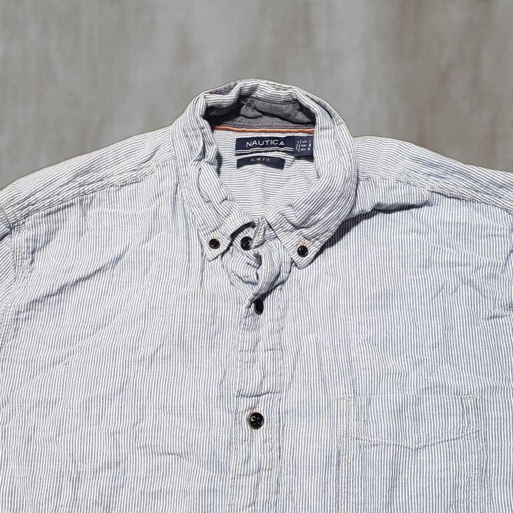 Nautica Nautica Light Blue Striped Slim Fit Button Up Shirt Short Sleeve Men's L Large Size US L / EU 52-54 / 3 - 1 Thumbnail