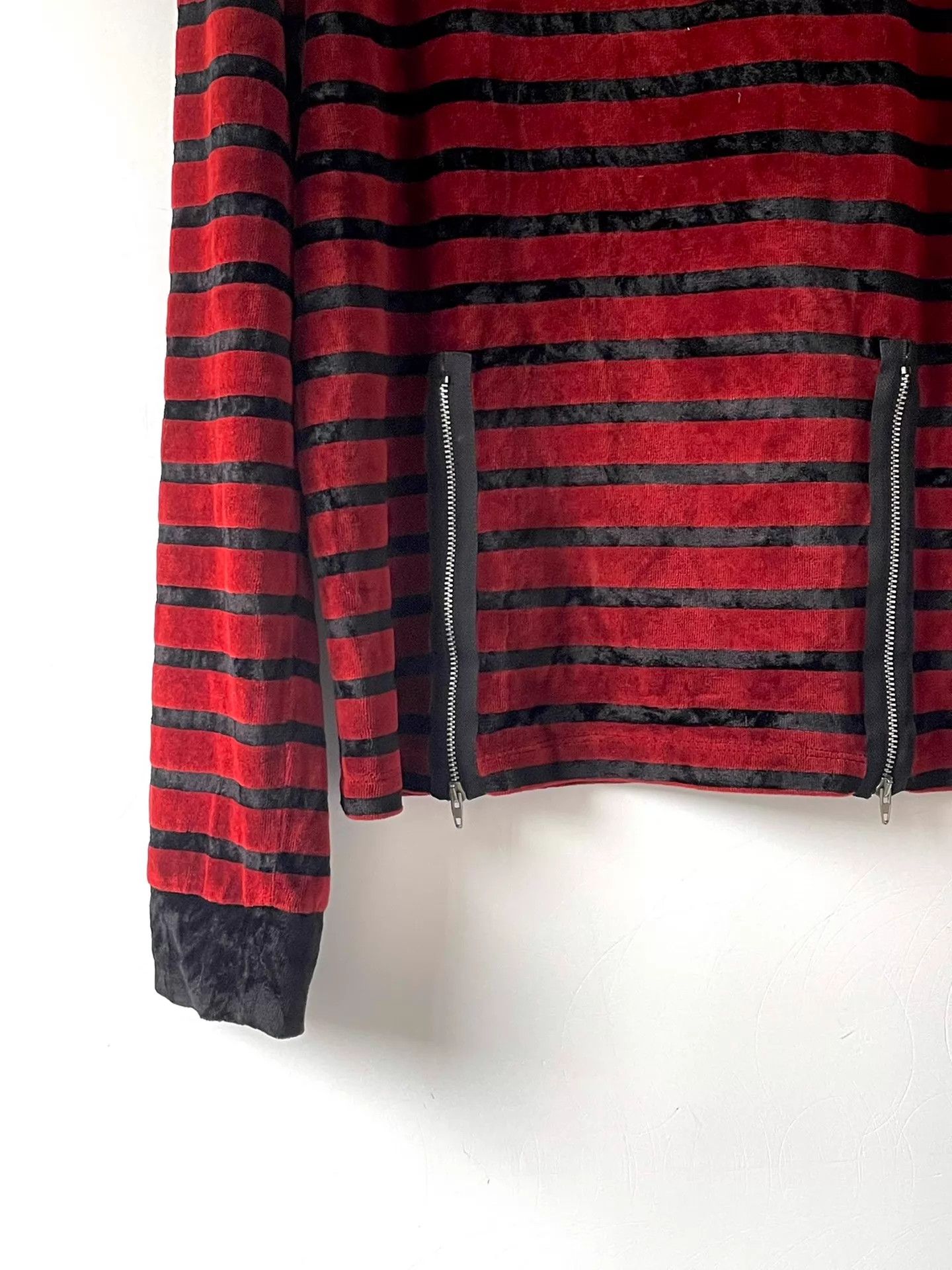 Jean Paul Gaultier JPG Double-Zip Red/Black Striped Velvet Sweatshirt Size US S / EU 44-46 / 1 - 4 Thumbnail