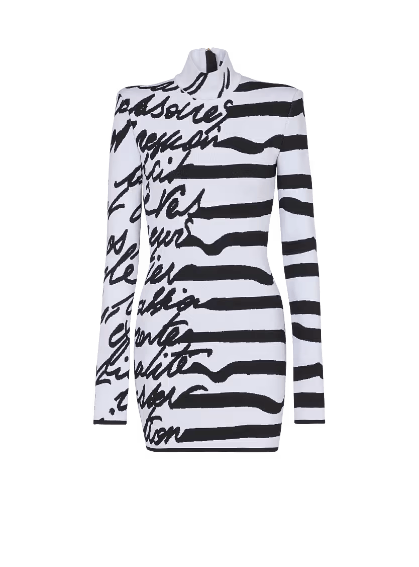 Balmain o1s1wg111225 Striped jacquard Knit Dress in White/Black Size M / US 6-8 / IT 42-44 - 1 Thumbnail