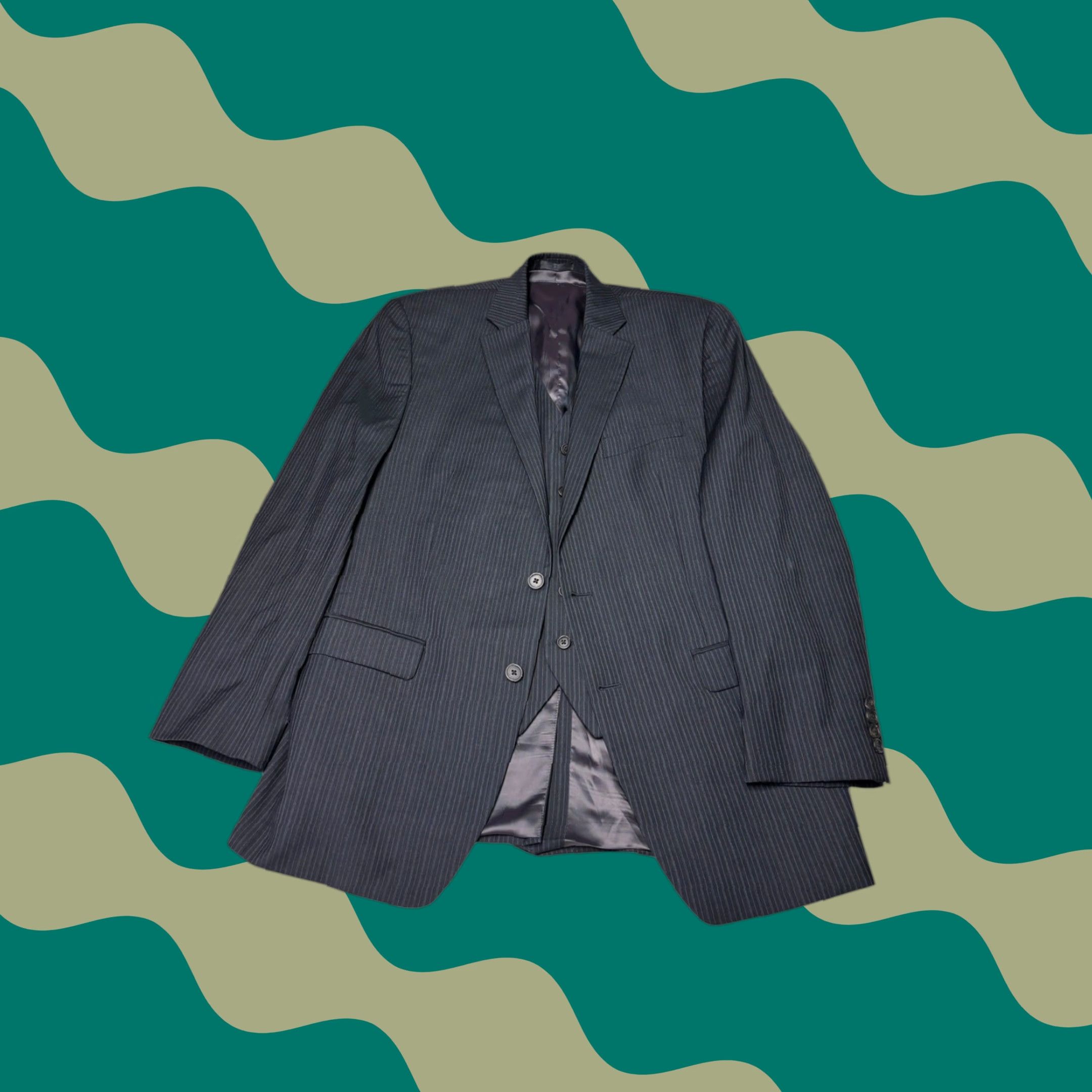 Ralph Lauren Lauren Ralph Lauren 3 Piece Suit Wool Charcoal Black Blazer Vest Trousers 42L Blue Pinstripe Men Adults Formal Business Wedding Size 42R - 1 Thumbnail