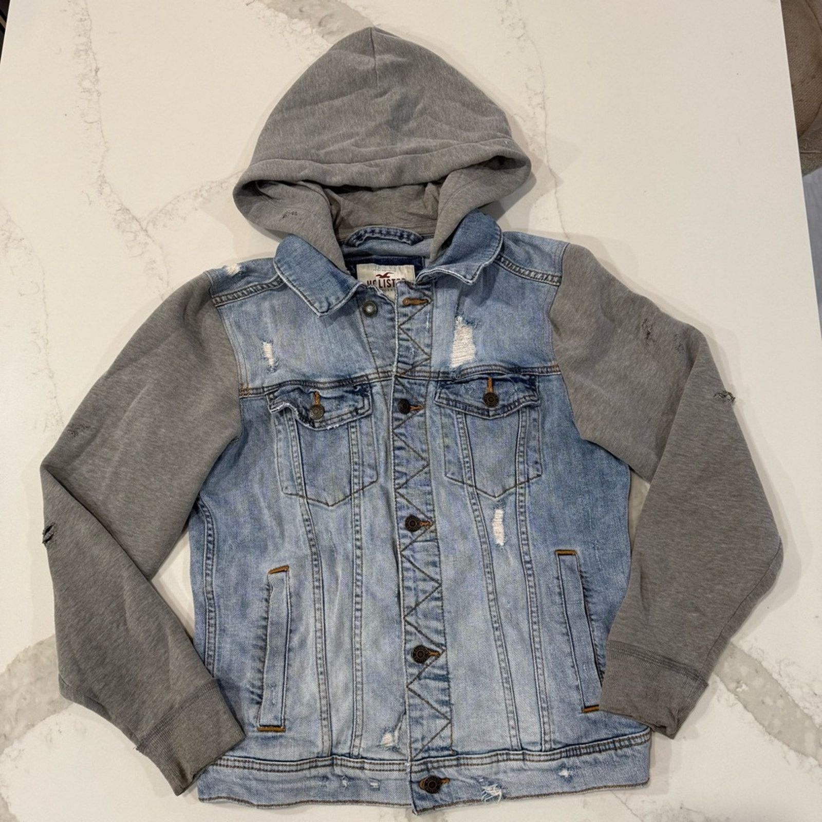 Hollister Hollister Distressed Denim Jersey Hooded Jacket Womens Small Size S / US 4 / IT 40 - 1 Thumbnail