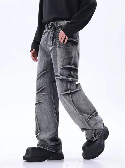 image of Vintage Washed Wasteland Style Pleated Wide Leg Jeans in Dark Grey, Men's (Size 32)