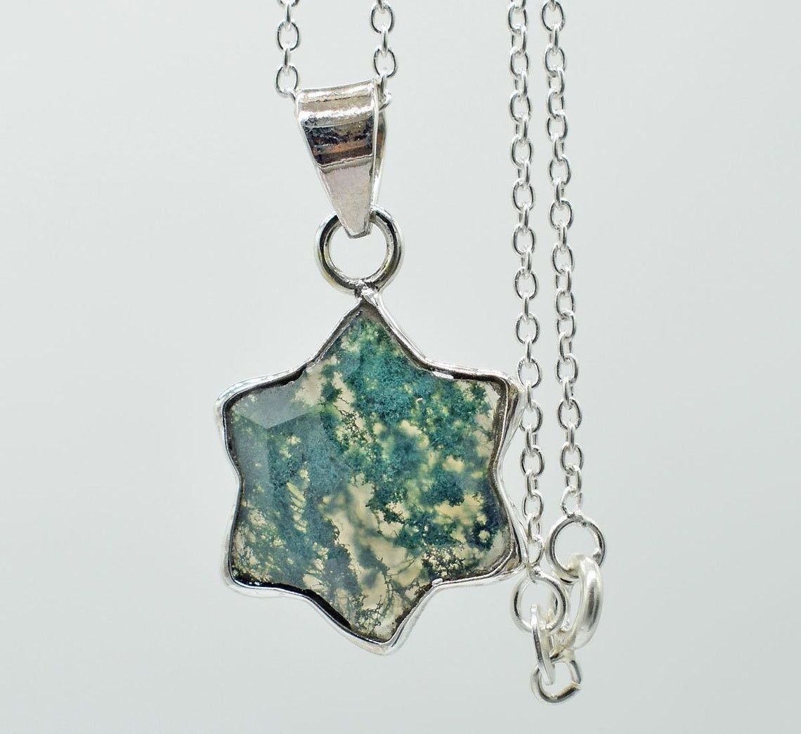 Handmade Star Moss Agate 925 Sterling Silver Necklace - 18 Inch Size ONE SIZE - 2 Thumbnail