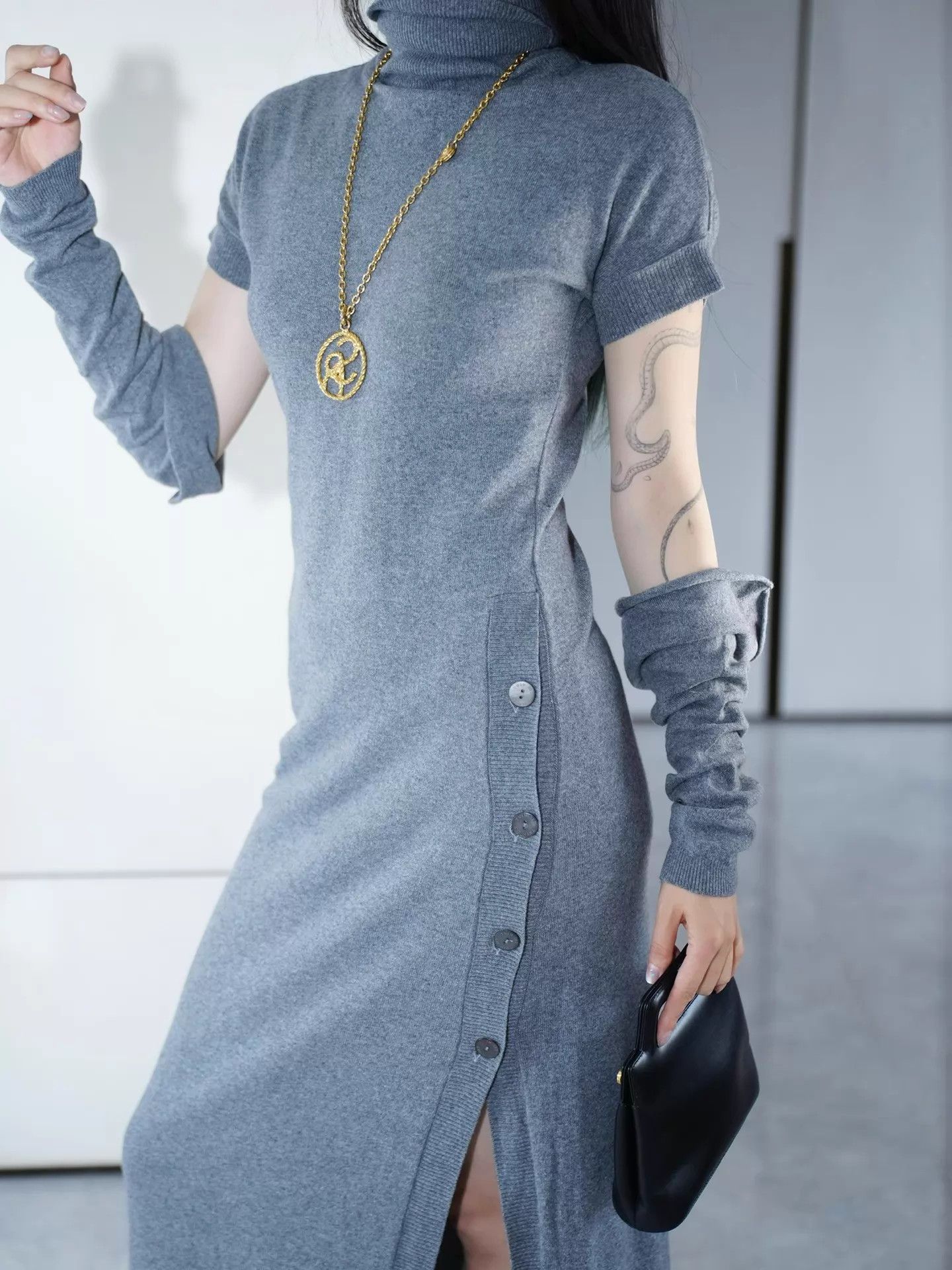 Other Italian Gray Wool-Cashmere Knit High Neck Side Slit Dress Size S / US 4 / IT 40 - 8 Thumbnail