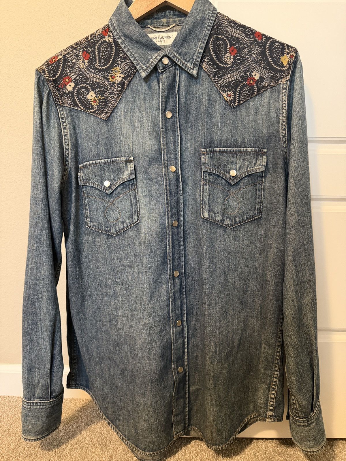 Saint Laurent Paris Embroidered Western Denim Shirt Size L