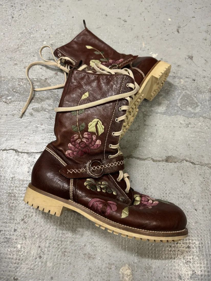 Designer × Dior × Vintage AW2005 Dior Brown Flowers Embroideries Ankle Boots by John Galliano Size US 9 / IT 39 - 2 Thumbnail