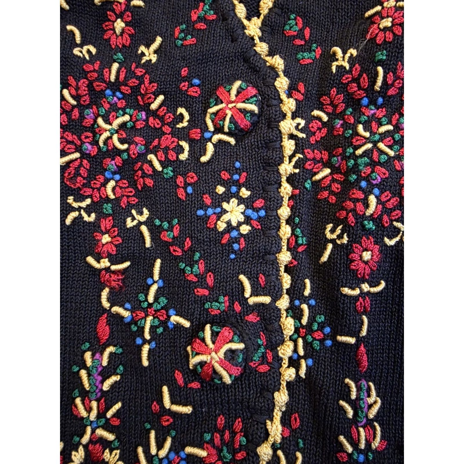 Simons VINTAGE Michael Simon Cardigan Sweater 3D Embroidered Flowers Black Sz M Medium Women Size M / US 6-8 / IT 42-44 - 5 Thumbnail