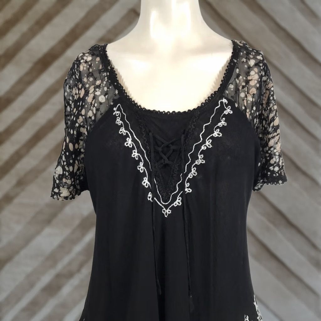 Vintage VINTAGE Sakkas Womens Black Lace Embroidered Batik Tunic Top Free Size Boho Lace-Up Shirt Womens XS? Size ONE SIZE - 1 Thumbnail