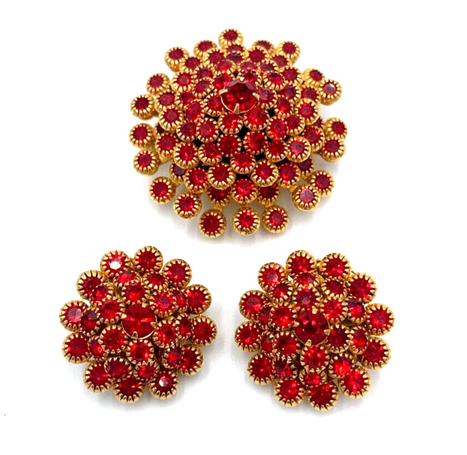 Other Judy Lee Clustered Dome Red Rhinestone Gold Tone Demi Parure Size ONE SIZE - 1 Thumbnail