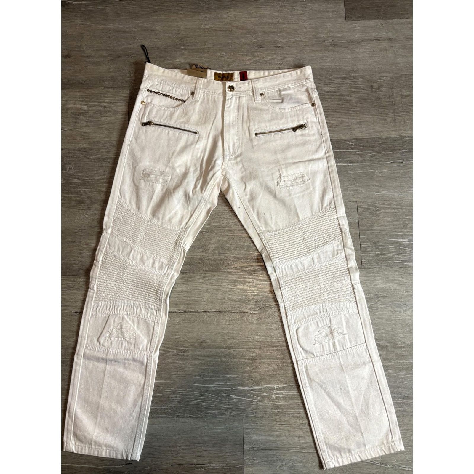 Denime Makobi Jeans Mens 34x32 White Slim Tapered Biker Studded Moto Denim Pants M1790 Size US 34 / EU 50 - 7 Thumbnail