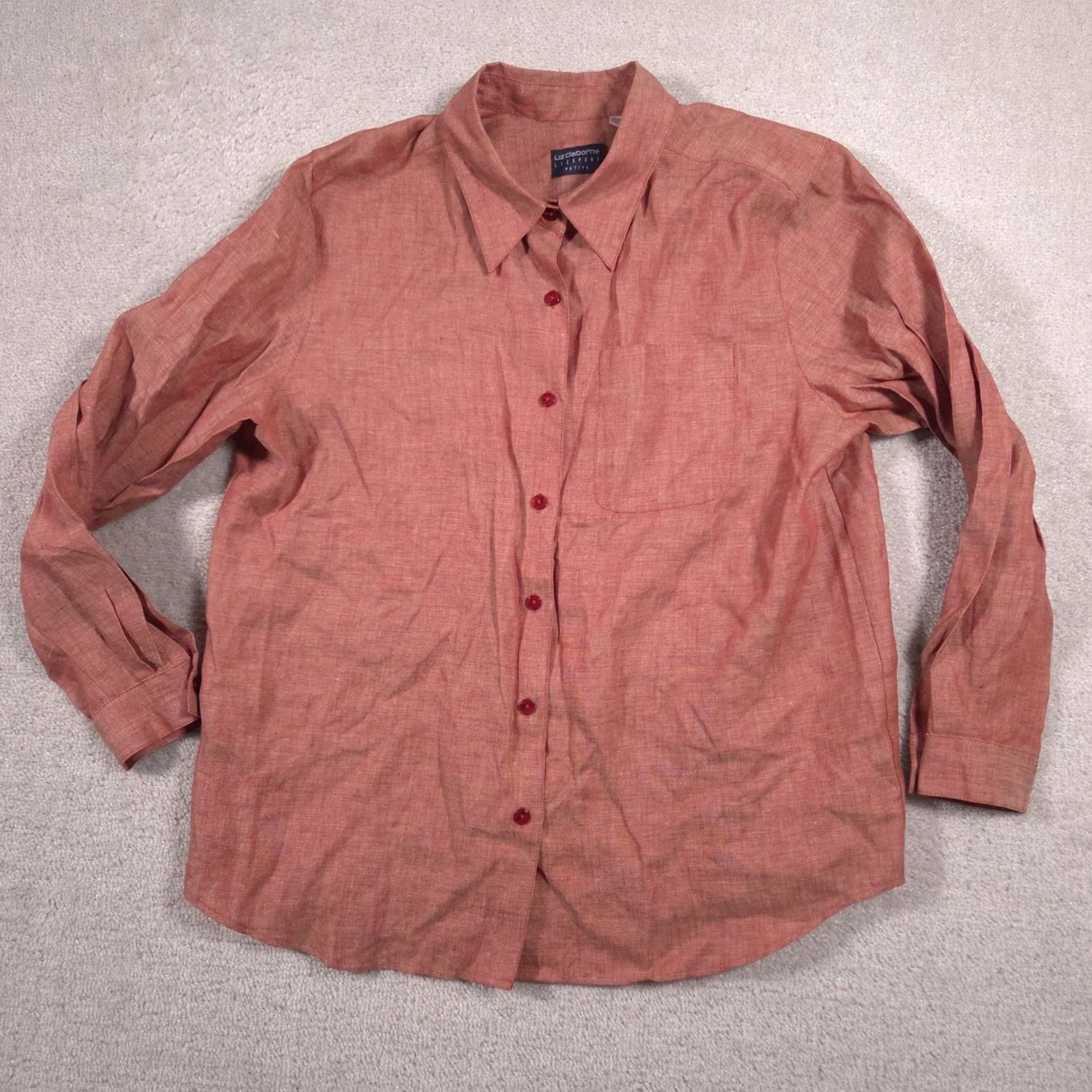 Liz Claiborne Liz Claiborne Shirt Womens Petite L Red Linen Button Front Long Sleeve Top Size L / US 10 / IT 46 - 2 Thumbnail