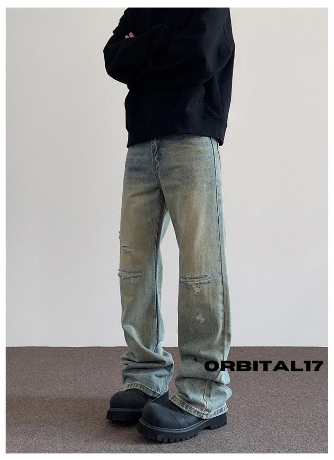 Distressed Wide Leg Denim Jeans Stacked Jeans