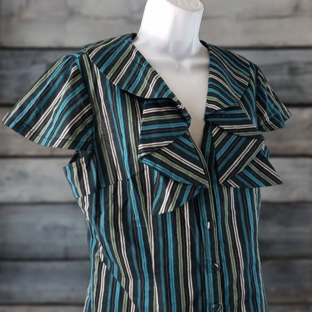 Vintage Voodoo Vixen Button Front Top Womens Sz Large Blue Green Striped 100% Cotton Cap Sleeve V-Neck Casual Shirt Womens Size L / US 10 / IT 46 - 1 Thumbnail