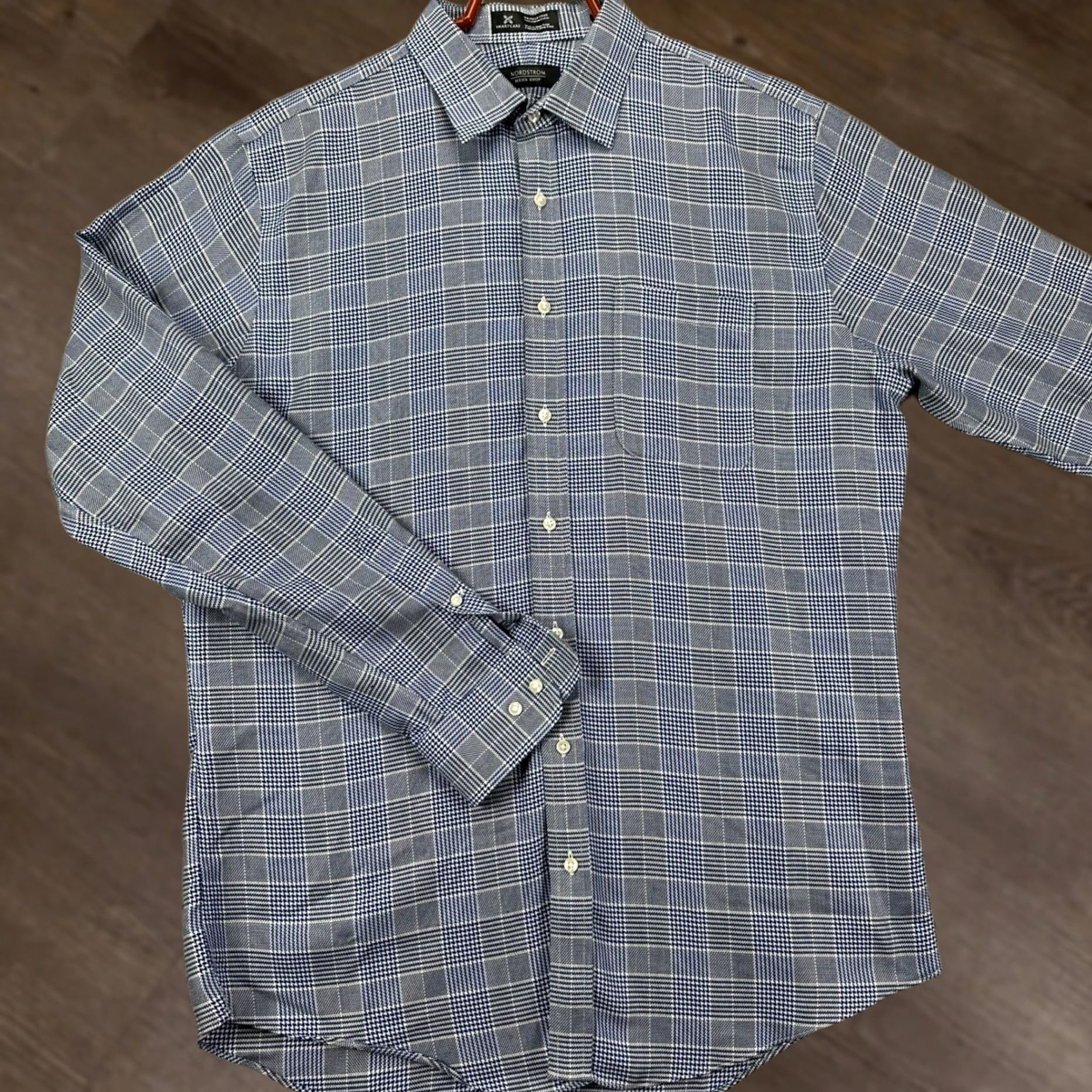 Nordstrom Nordstrom Shirt Dress Mens 16.5 36-37 Blue Gray Houndstooth Trim Fit Pocket Button-Up Long Sleeve 100% Cotton Size 46R - 1 Thumbnail