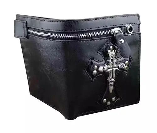 Leather Cross Clasp Leather Wallet with Antique Biker Chain Size ONE SIZE - 3 Thumbnail
