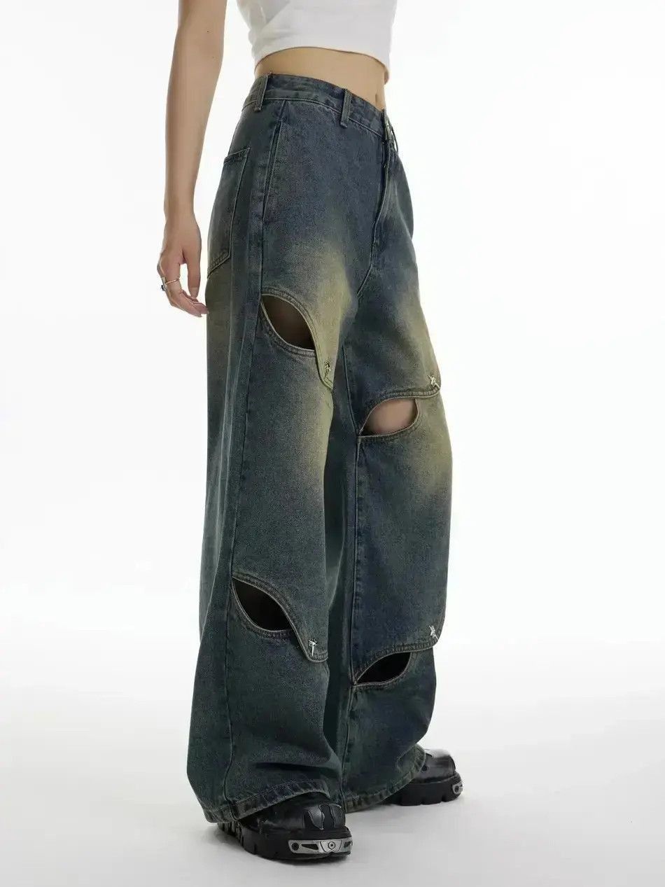 Japanese Brand Spliced washed wide leg distressed jeans Size US 32 / EU 48 - 2 Thumbnail