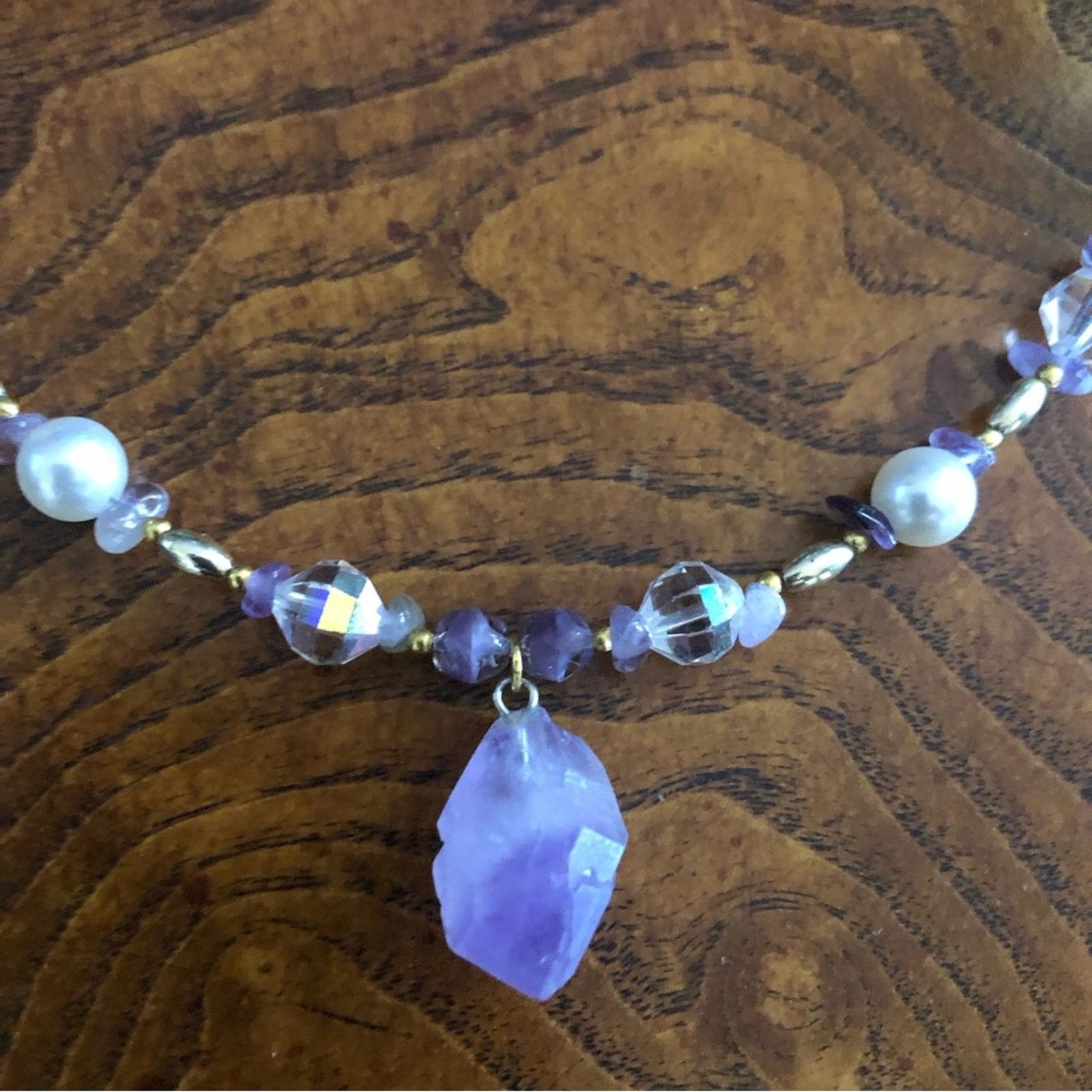 Handmade Handcrafted repurpose genuine amethyst slab pearl necklace Size ONE SIZE - 9 Thumbnail