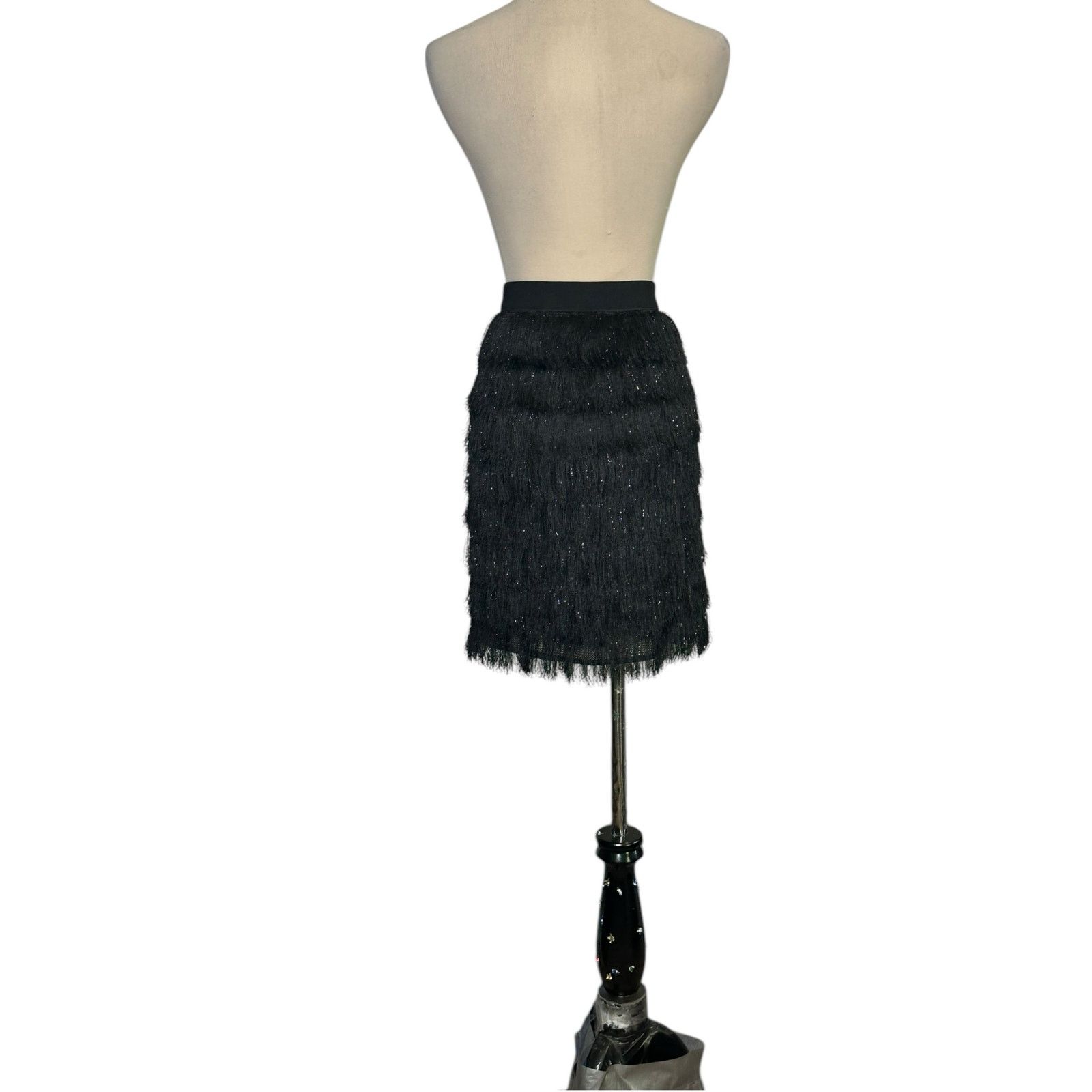 BCBGMaxAzria black metallic fringe skirt size large