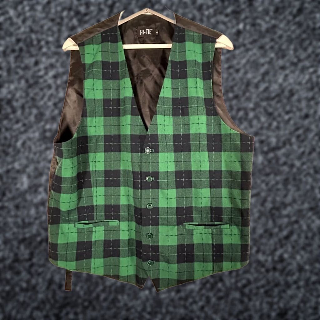 Vintage Hi-Tie Mens Green Black Tartan Plaid V-Neck Button Front Vest L Pockets Size US L / EU 52-54 / 3 - 1 Thumbnail