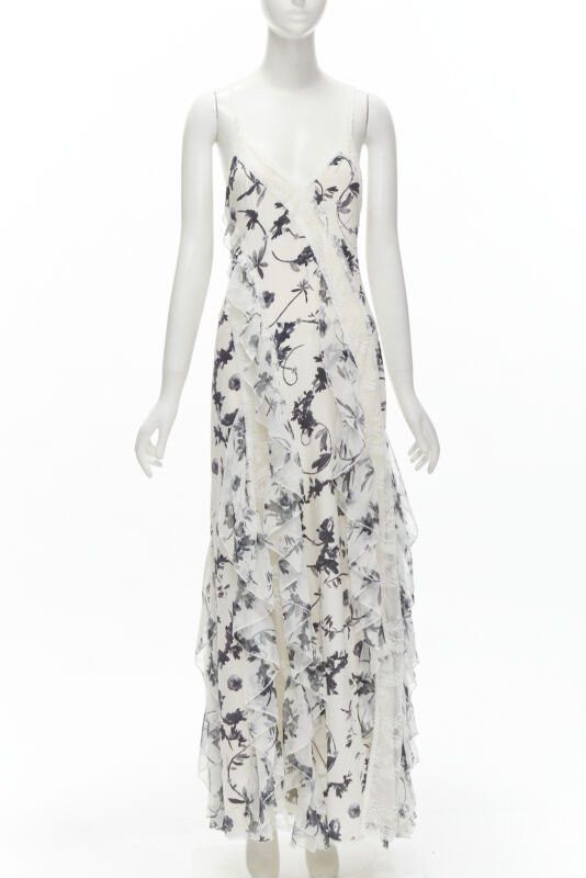new ALICA OLVIA Floral Crown 100% silk printed lace trim ruffle maxi dress US6 M