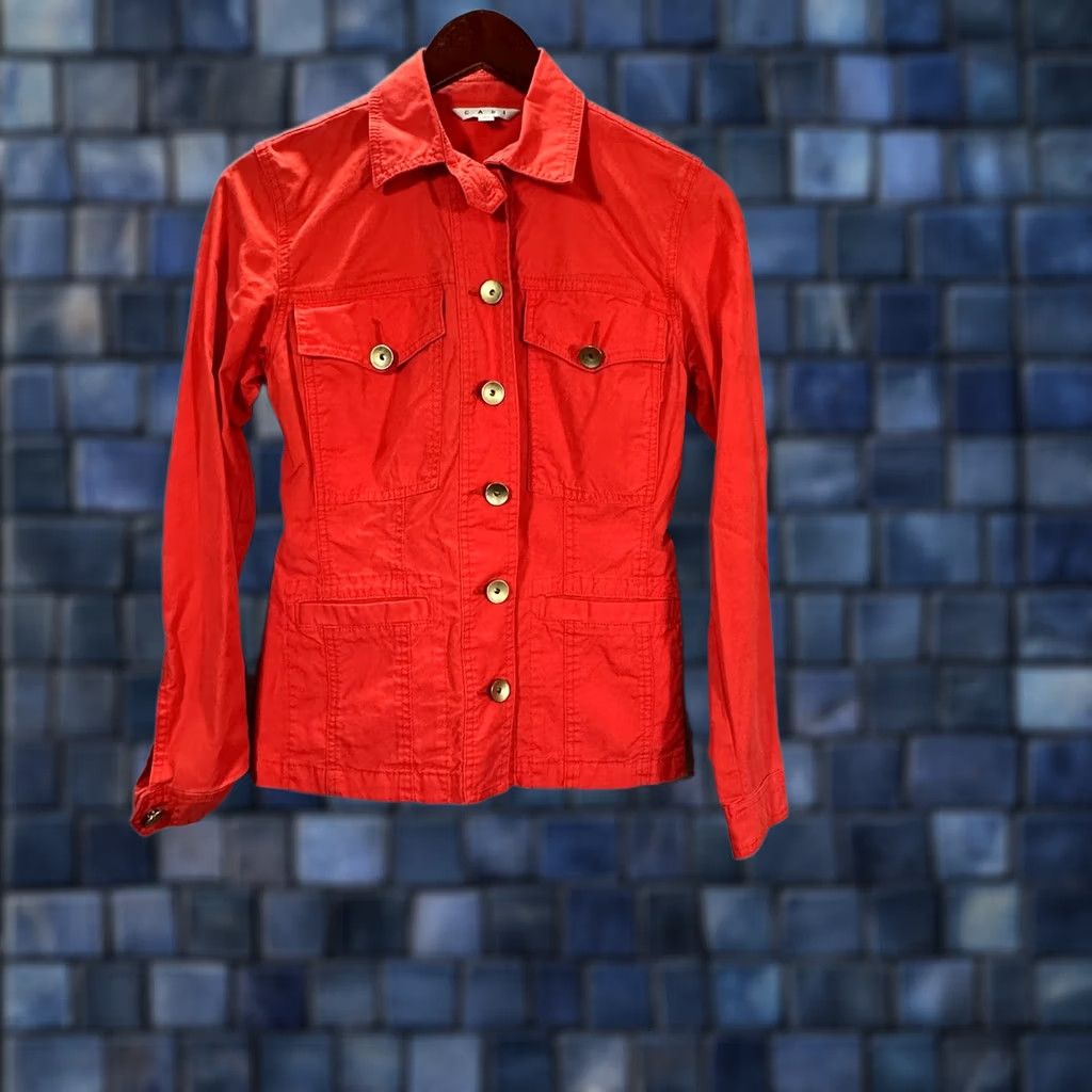 Vintage CAbi 727 Jacket Womens XS Taylor Utility Ruffle Back Button Lobster Red Pockets Jacket Size XS / US 0-2 / IT 36-38 - 1 Thumbnail
