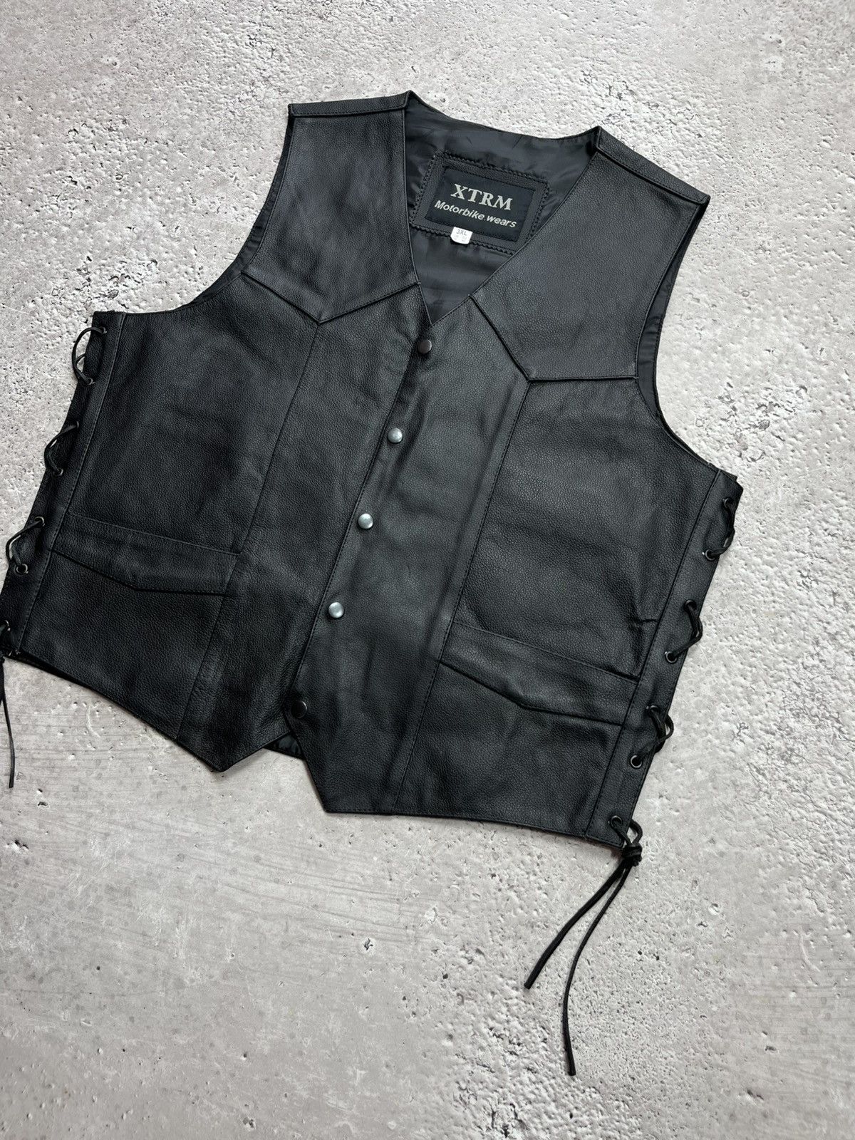 Leather XTRM Black Leather Biker Vest Lace Up Sides Size XL Size US XL / EU 56 / 4 - 2 Thumbnail