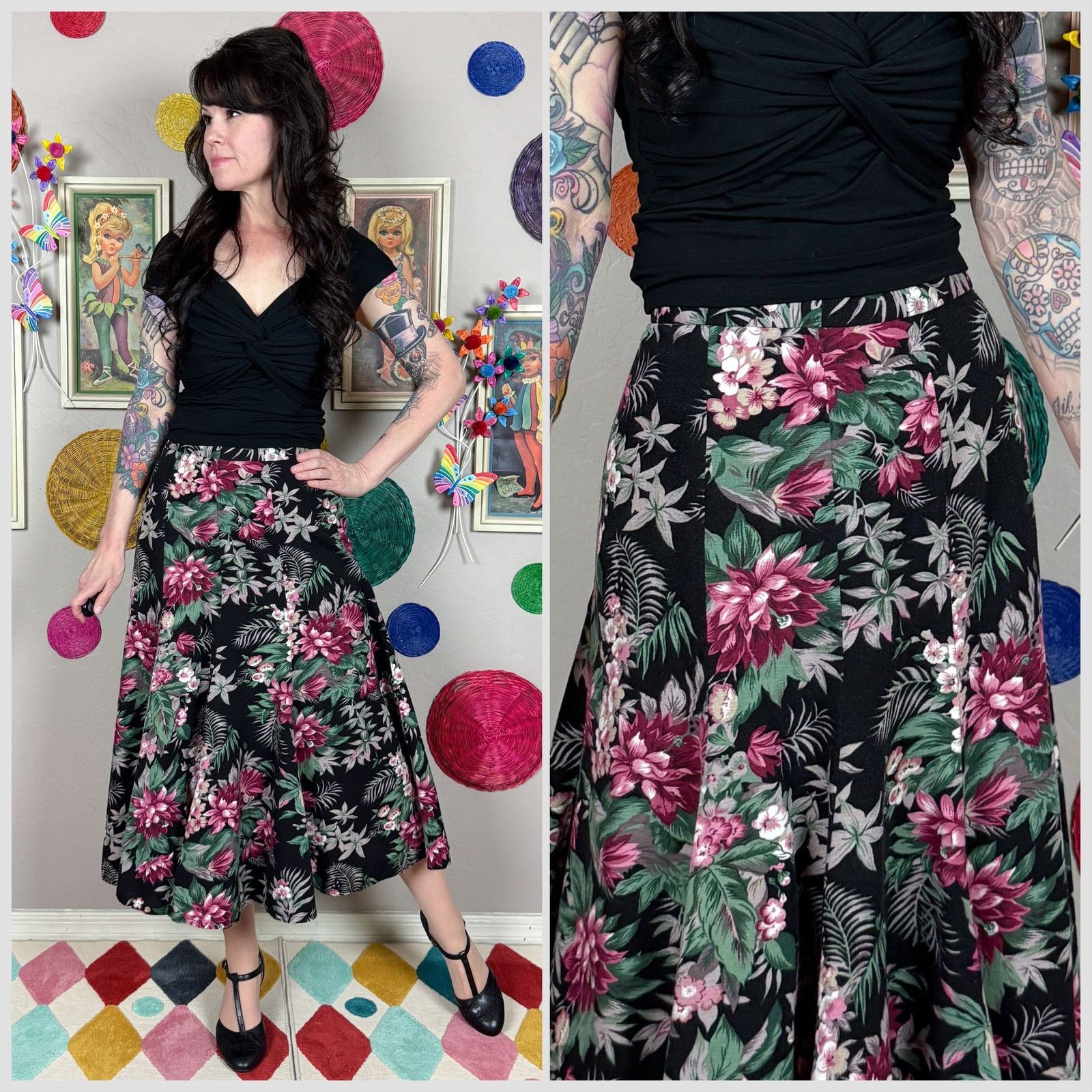 Vintage Vintage 1980s Black Garden Floral Trumpet Midi Skirt Size 30" / US 8 / IT 44 - 1 Thumbnail