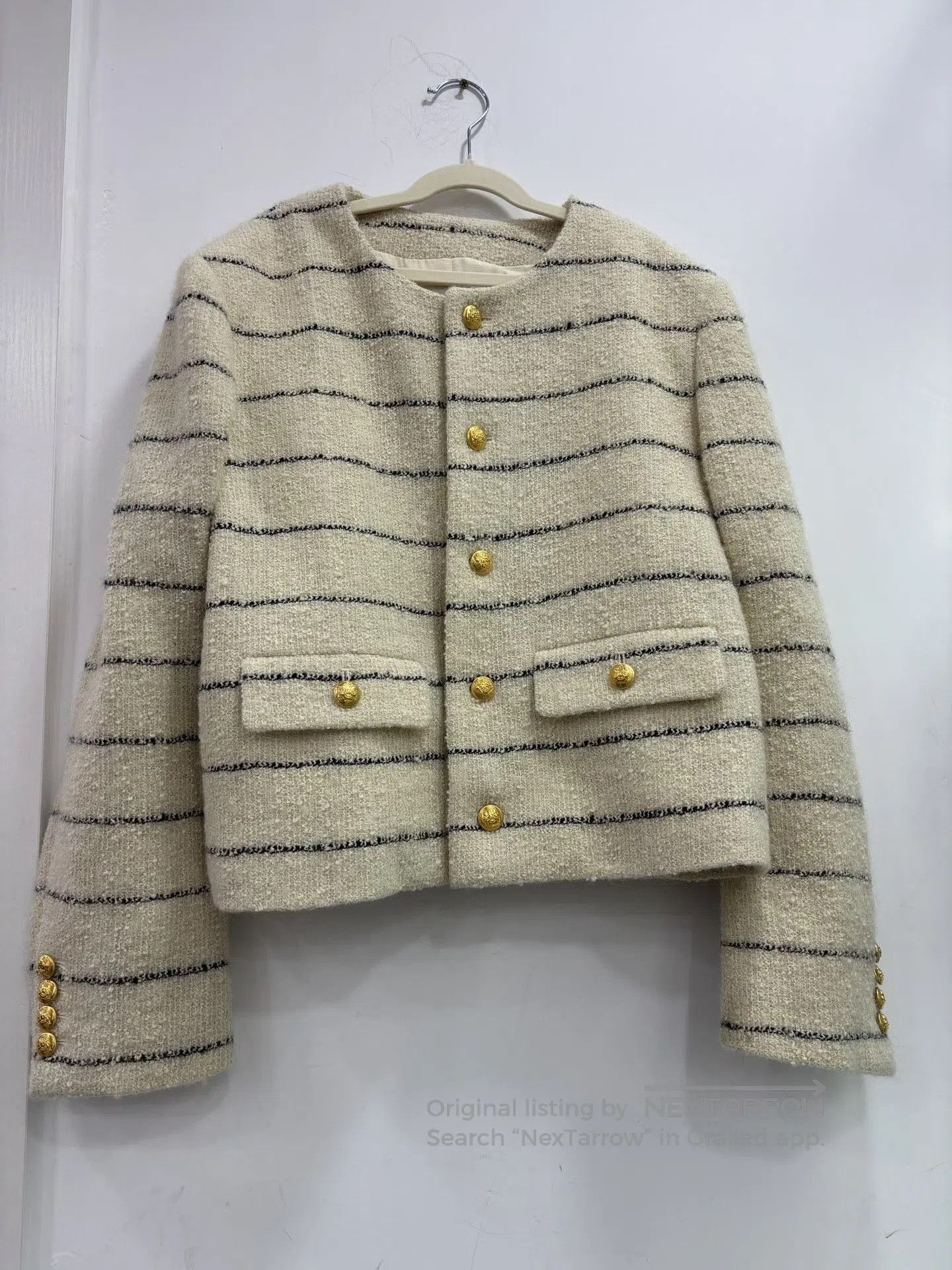 Celine Celine Beige Striped Gold Button Cropped Jacket. Size S / US 4 / IT 40 - 1 Thumbnail