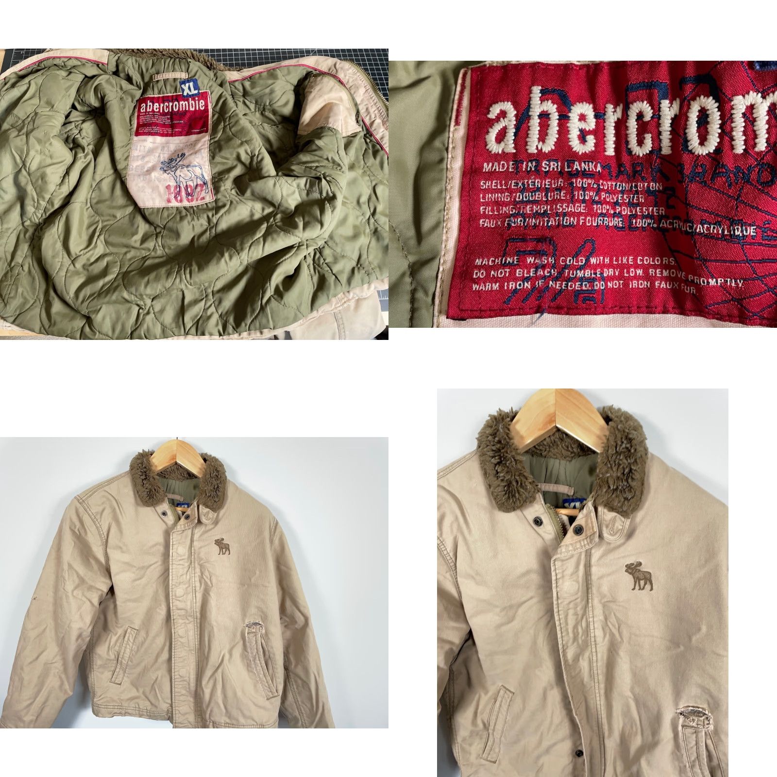 Abercrombie & Fitch Abercrombie & Fitch Bomber Jacket Mens Medium Beige Quilted Lined Faux Fur Collar Full Zip Pockets Vintage No Size US M / EU 48-50 / 2 - 9 Thumbnail