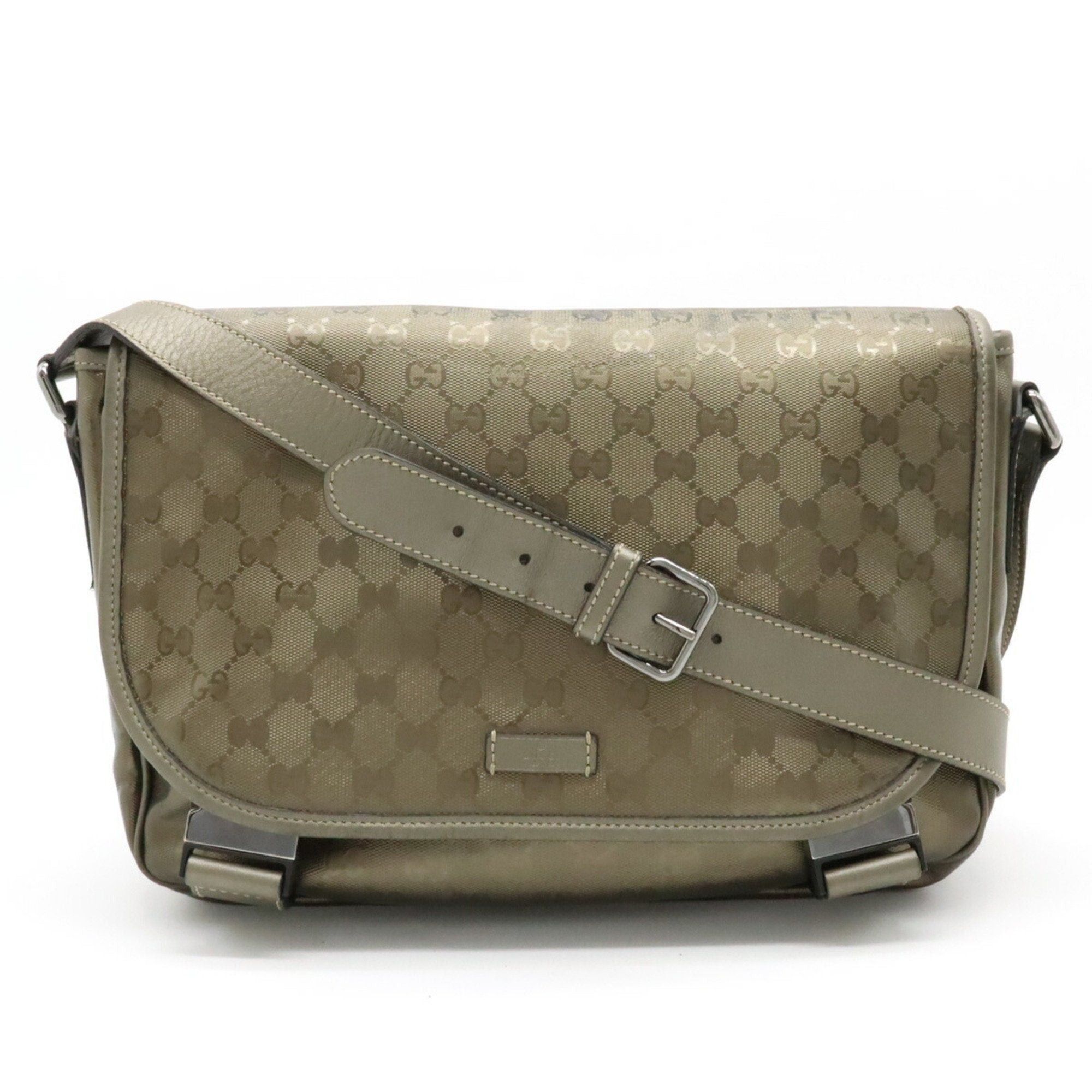 image of Gucci GG Implement Shoulder Bag Pvc Leather Metallic Khaki 201732 in Silver, Women's