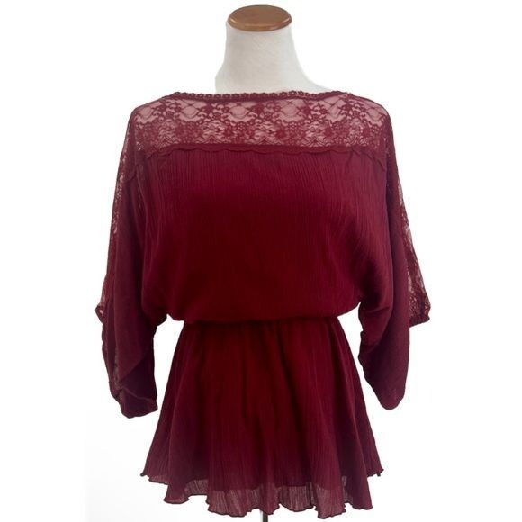 Free People VTG Free People Dark Cherry Lace Trim Crepe Top | Boho Dark Size S / US 4 / IT 40 - 2 Thumbnail