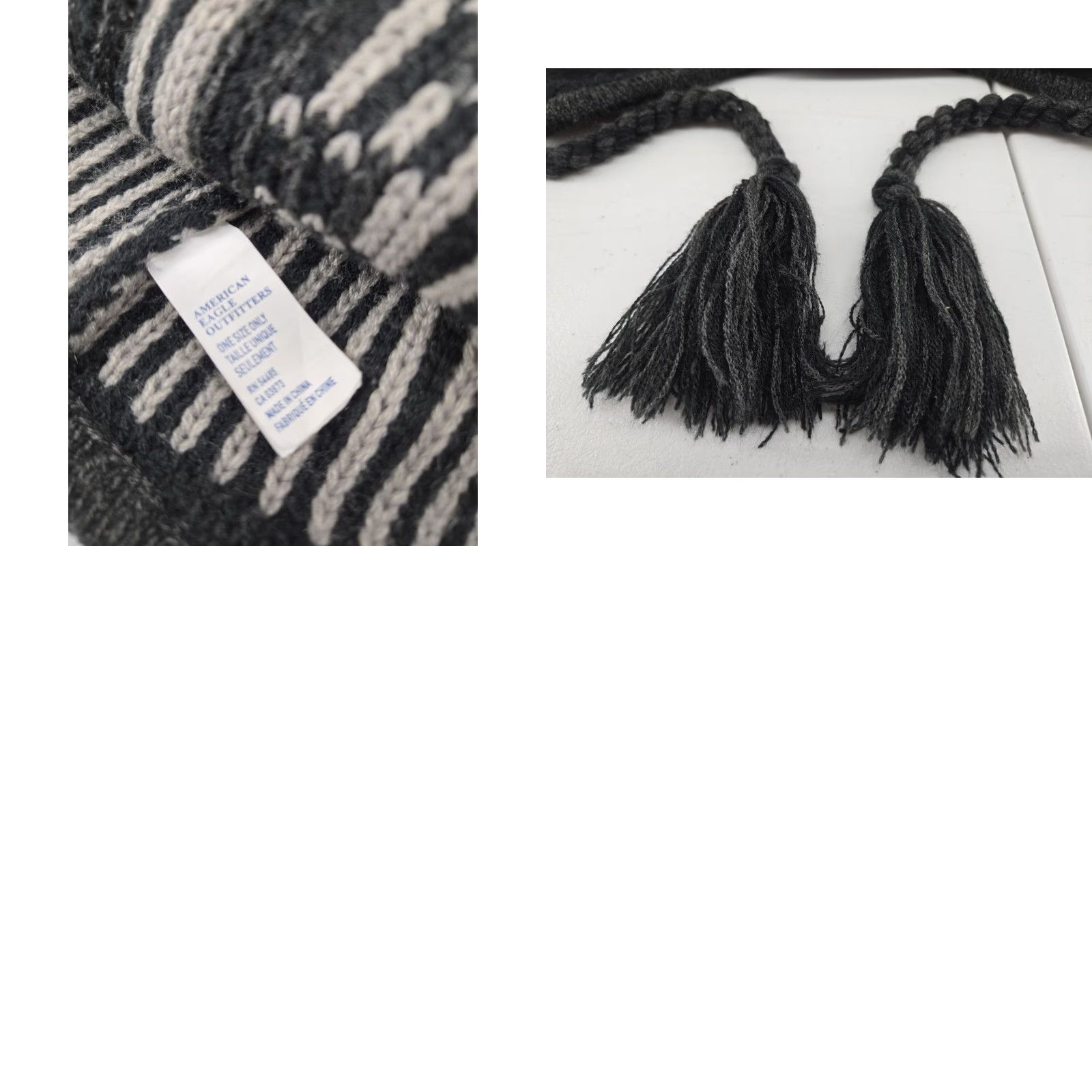 American Eagle Outfitters Y2K American Eagle AE Knit Beanie Hat Pom Pom Tassels Trapper Style Black Gray Unisex Adults One Size Beanie Winter Fall Logo Embroidered Tassled Size ONE SIZE - 9 Thumbnail