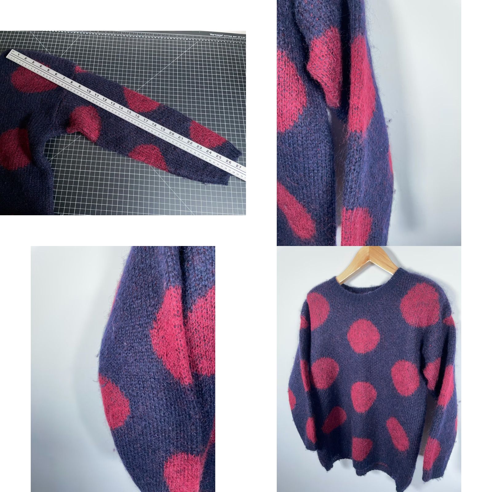 Vintage VINTAGE Paul Harris Mohair Blend Sweater Women's Small Dark Blue Red Polka Dot Relaxed Crew Neck 90s Preppy Oversized Pullover Knit Hand Wash Only Size S / US 4 / IT 40 - 8 Thumbnail