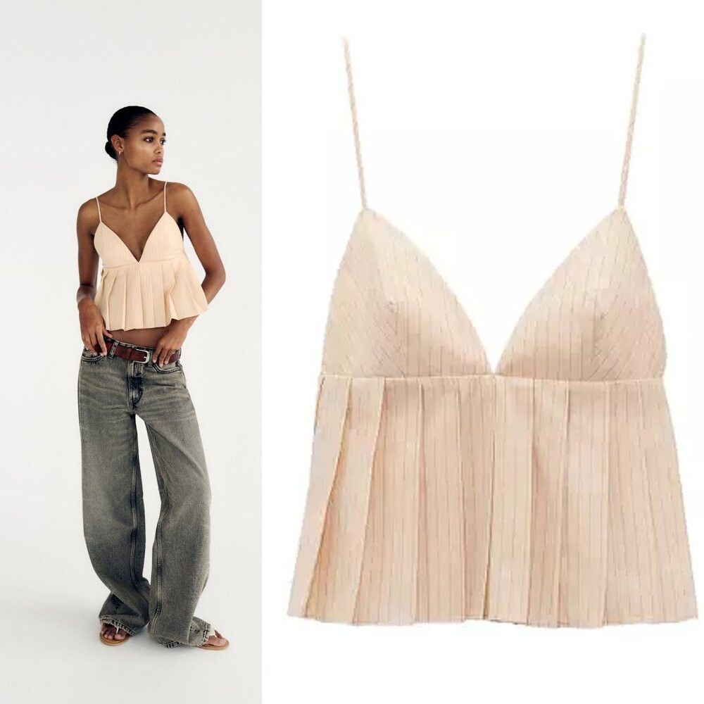 Zara NWT New ZARA Pleated Cropped Beige Top Size S Size S / US 4 / IT 40 - 1 Thumbnail