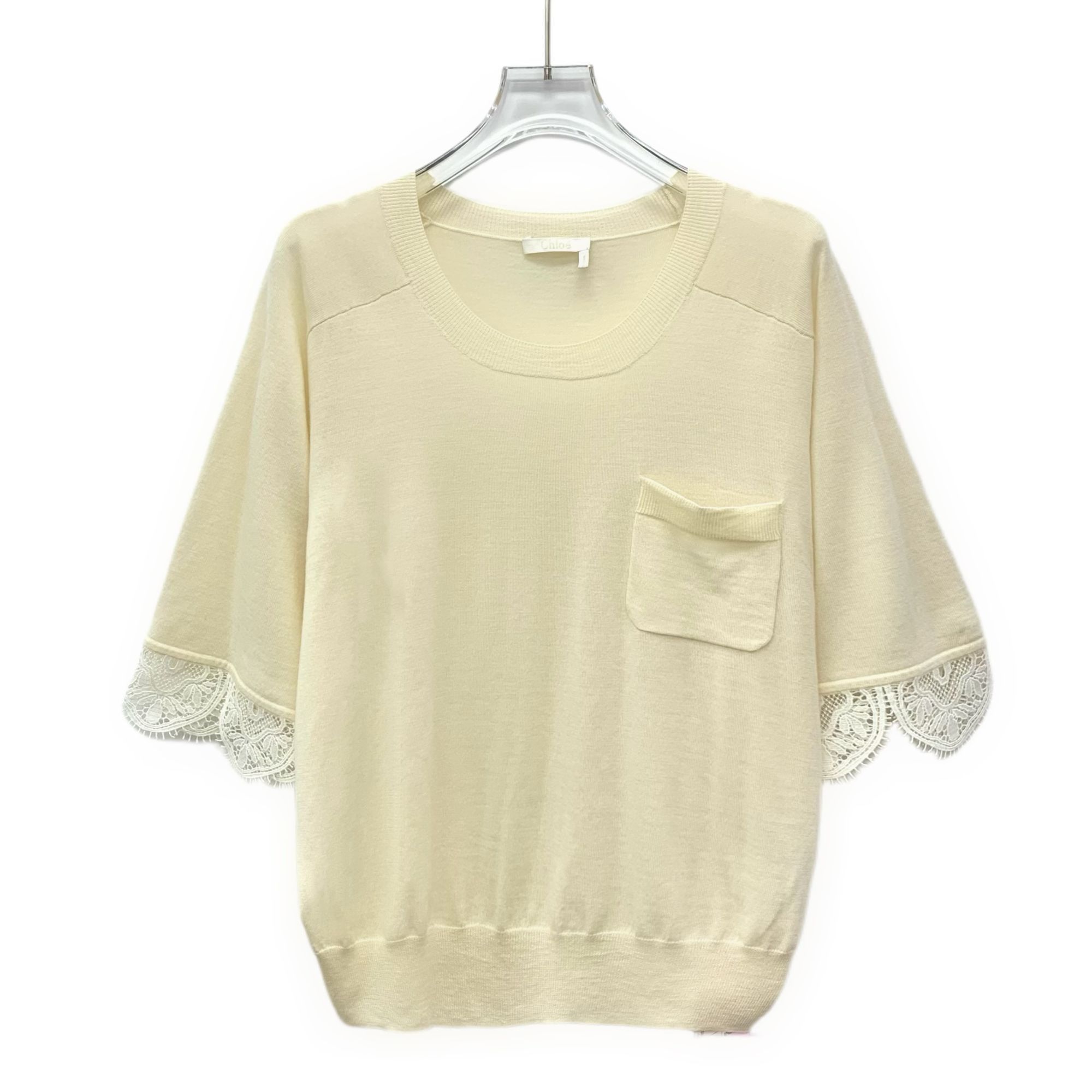 Chloe Chloé Beige Woolen Lace-Trim Round-Neck Short-Sleeve Knitted Size XS / US 0-2 / IT 36-38 - 1 Thumbnail